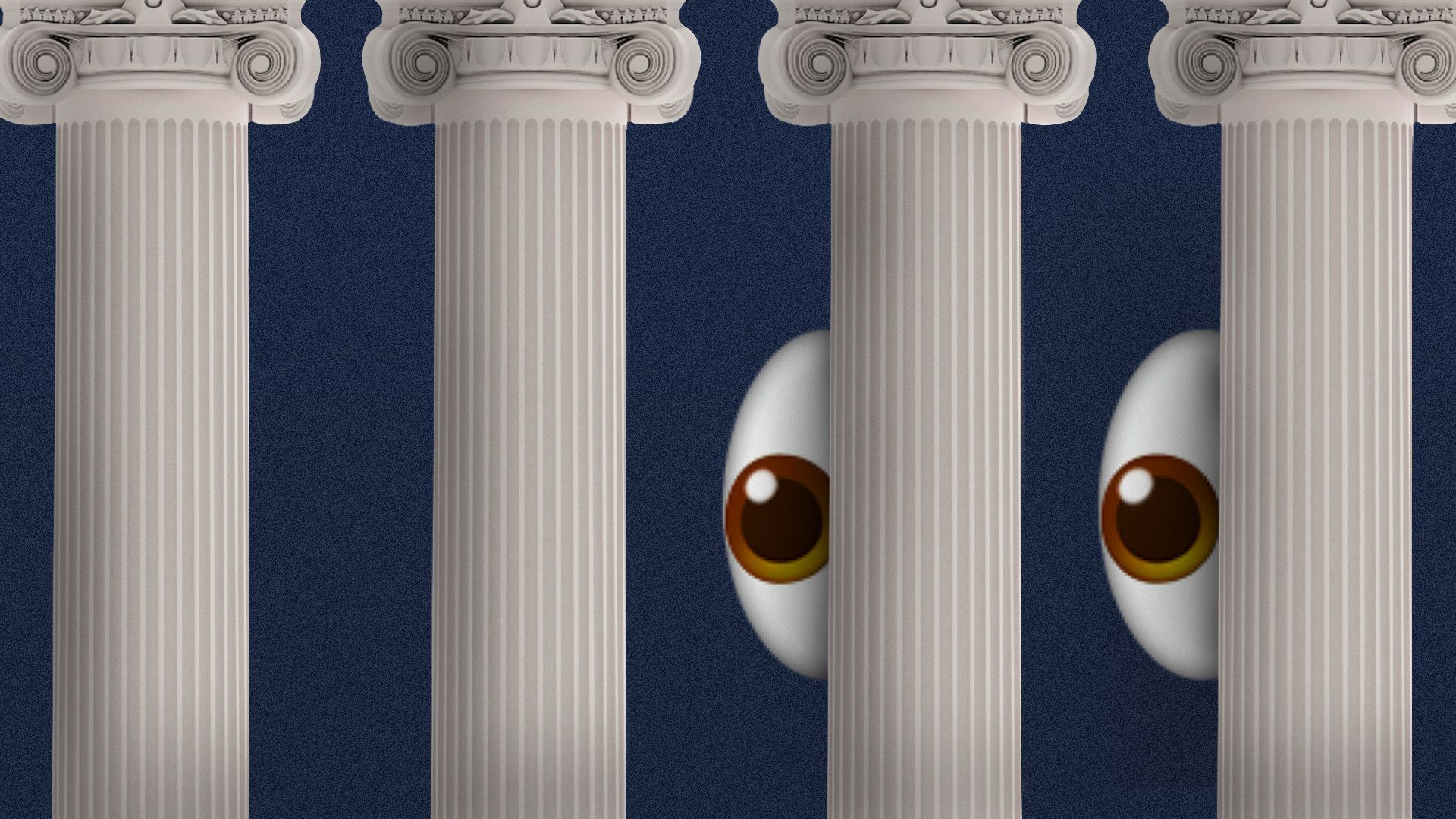 emoji eyes peeking out from behind roman columns 