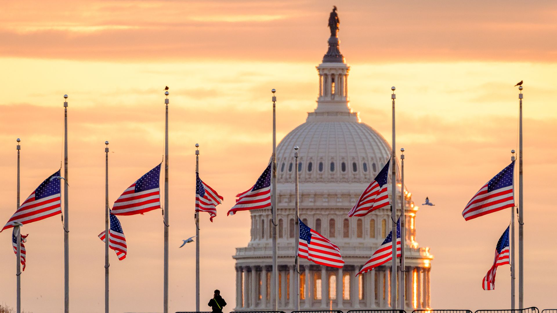 About a dozen American flags are seen at half staff in front of the U.S. Capitol dome. The sky and clouds behind have a yellow tint. 