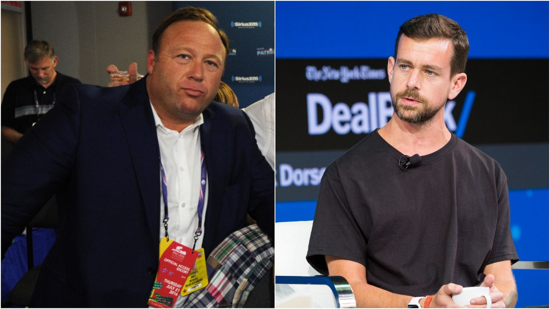 A split-screen image of Alex Jones and Jack Dorsey.