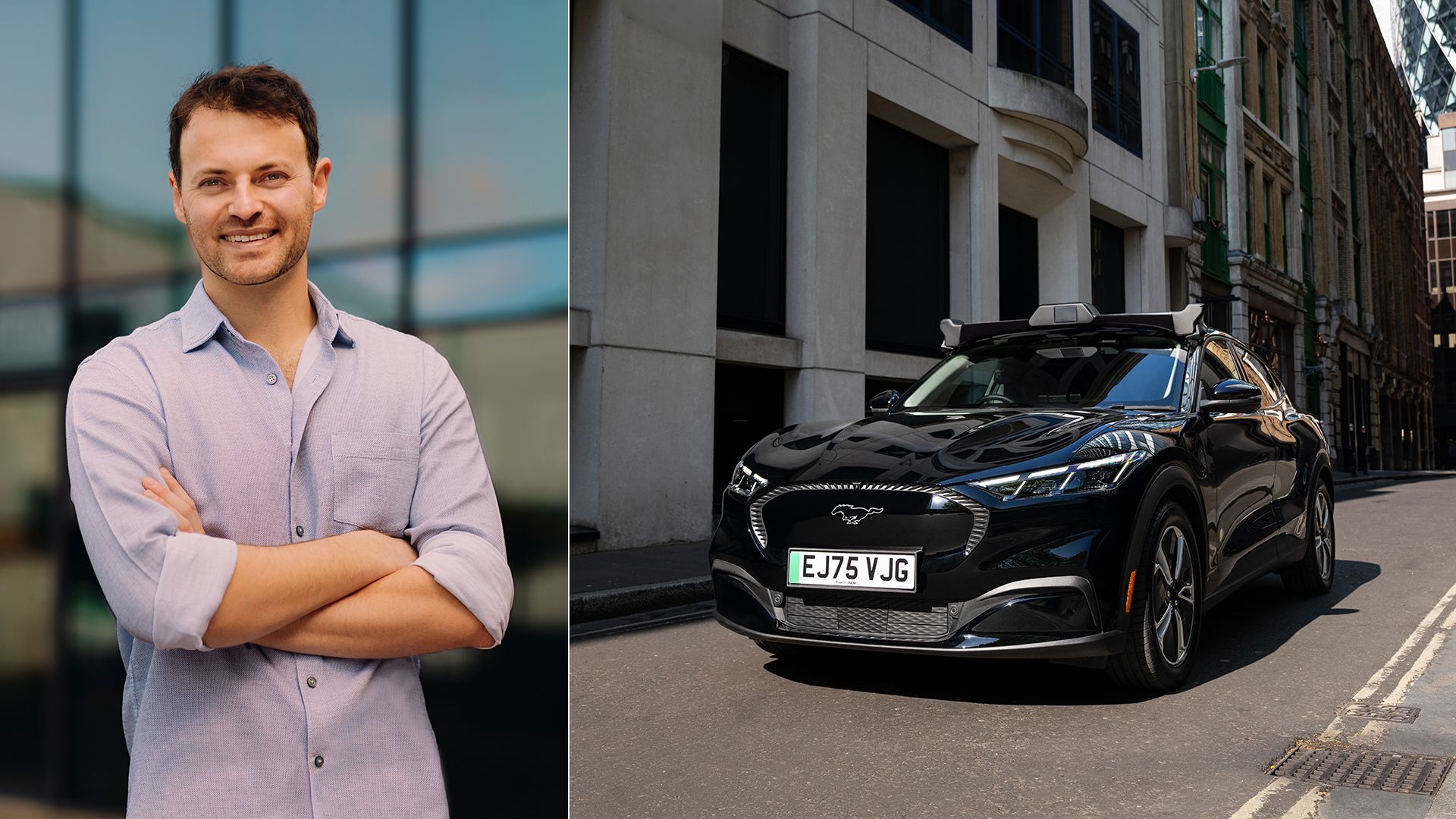 Two-panel photo: left shows Wayve CEO Alex Kendal, smiling, in a light blue shirt with arms crossed; right shows a glossy black Mustang Mach-e outfitted with autonomous driving sensors, on a city street.