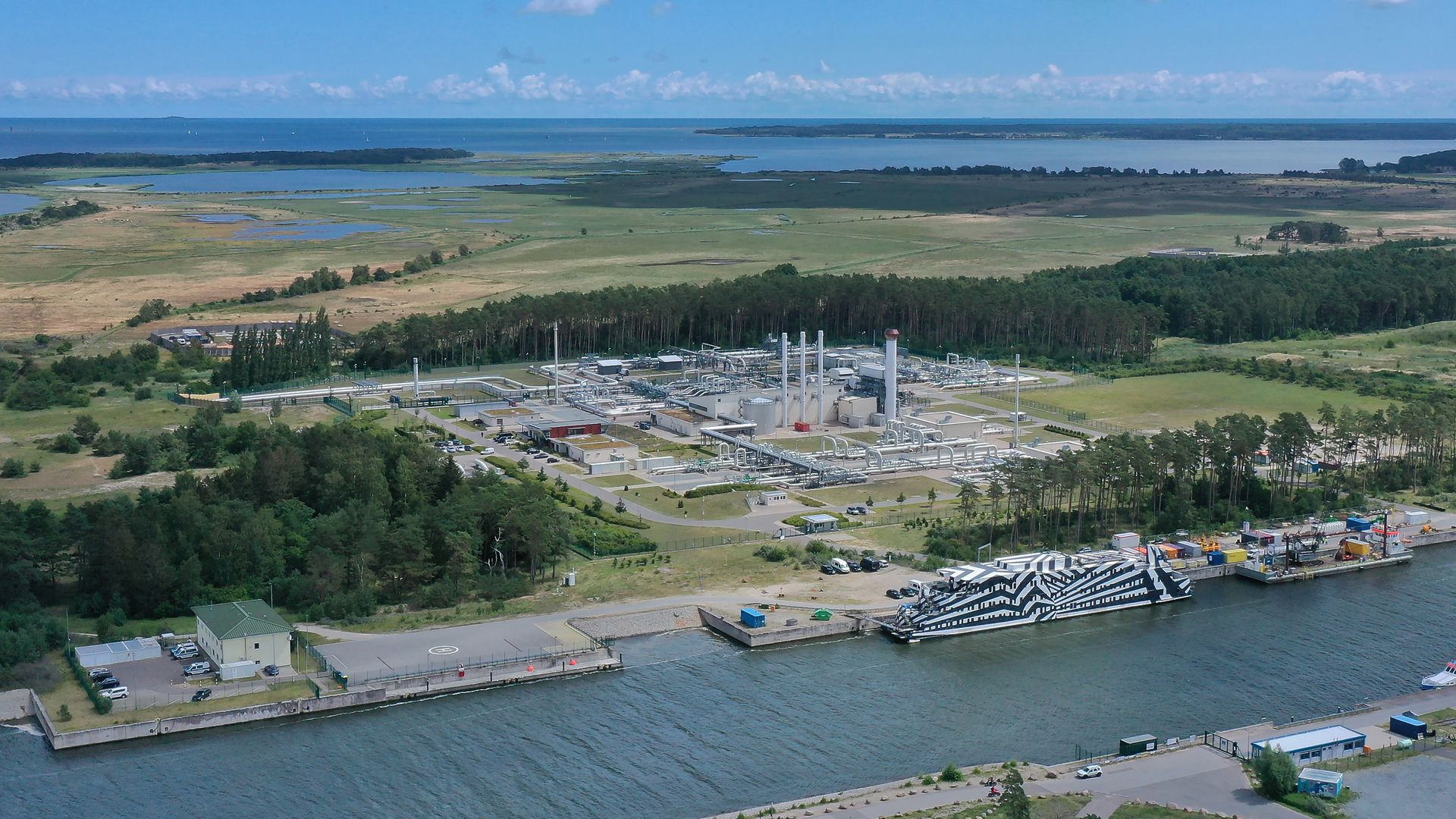  In this aerial view the receiving station for the Nord Stream 1 natural gas pipeline stands on July 11, 2022 near Lubmin, Germany. 