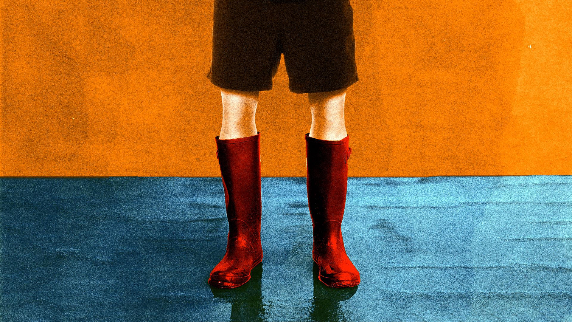 Illustration of a person wearing shorts and rain boots.
