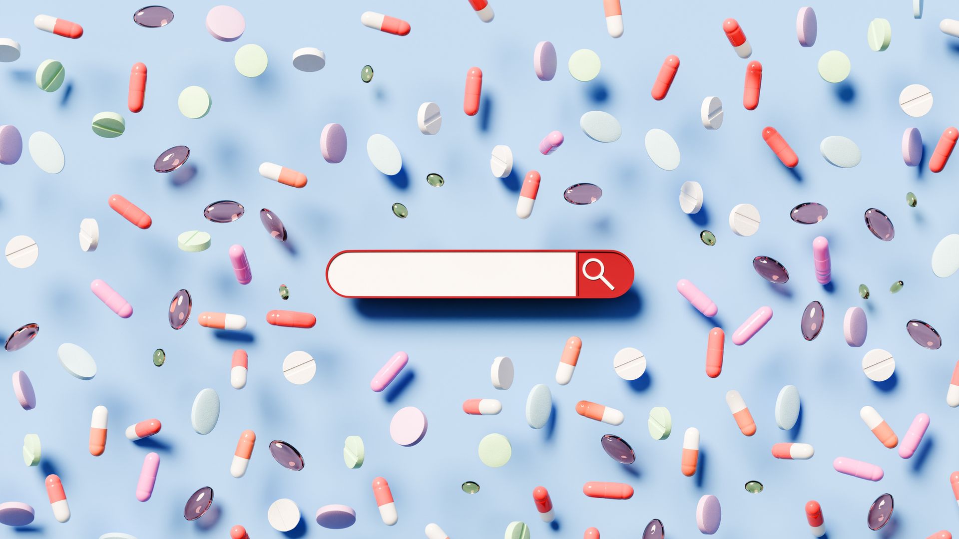 Blue background with assorted pills and capsules in pink, green, purple, and orange falling through the air; a red rounded search bar with a white field and magnifying glass sits near the bottom.