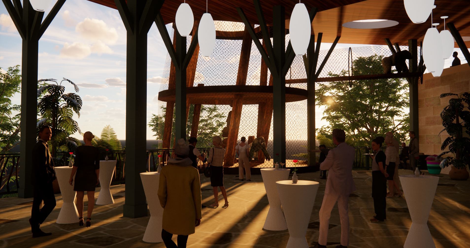 Rendering shows an interior view of the event space, looking towards the gorilla feature. 
