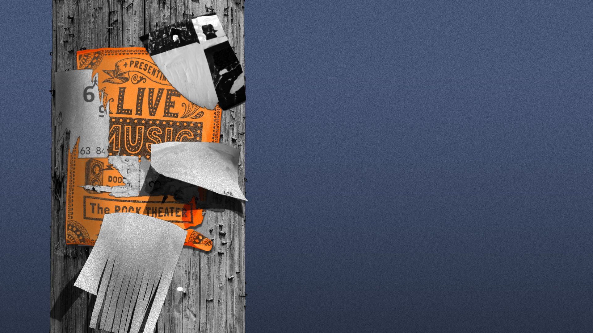 Illustration of a live music poster covered by other papers on a telephone pole.