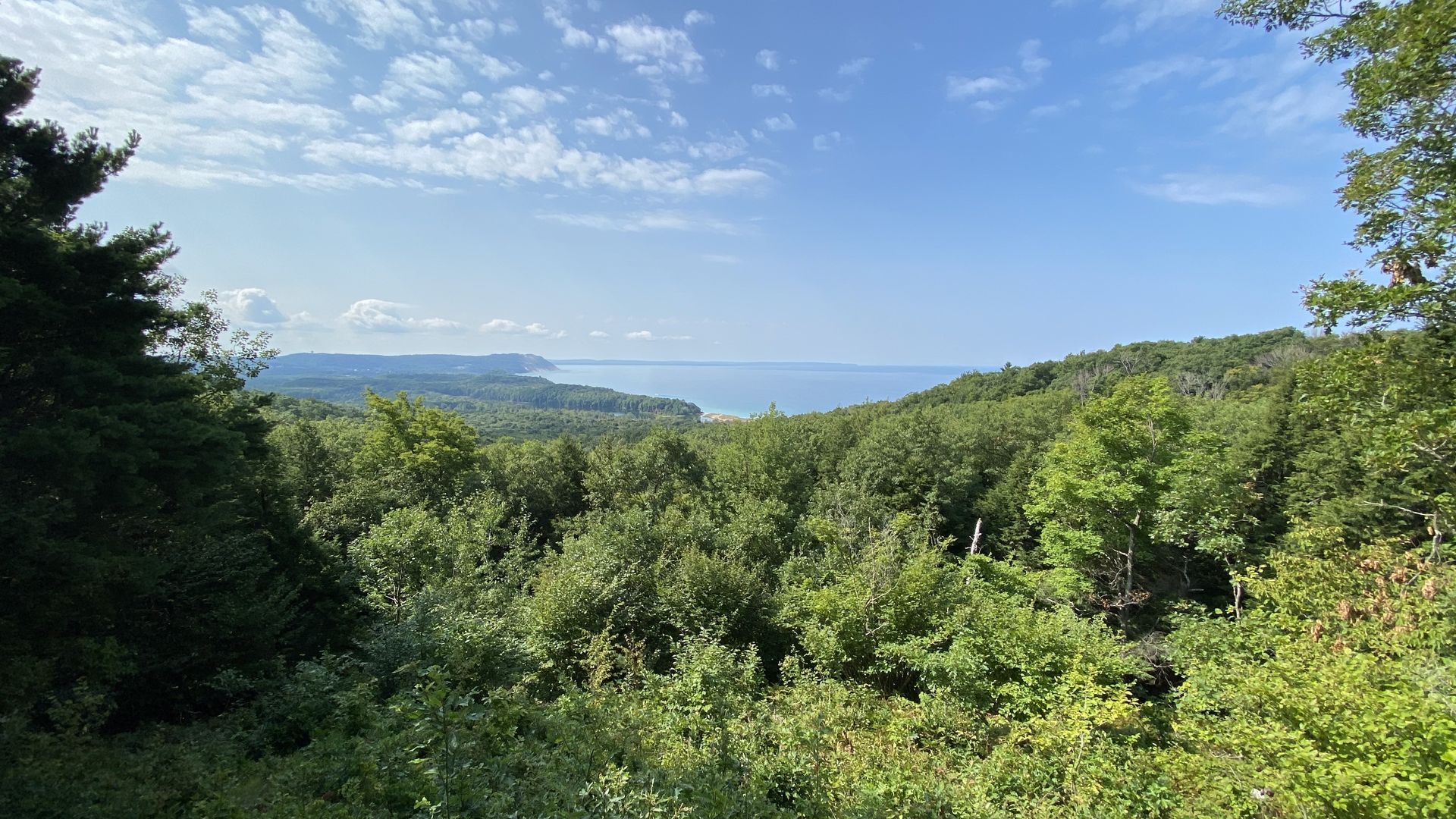 Sweeping forests under a blue sky with blue Lake Michigan in the background.