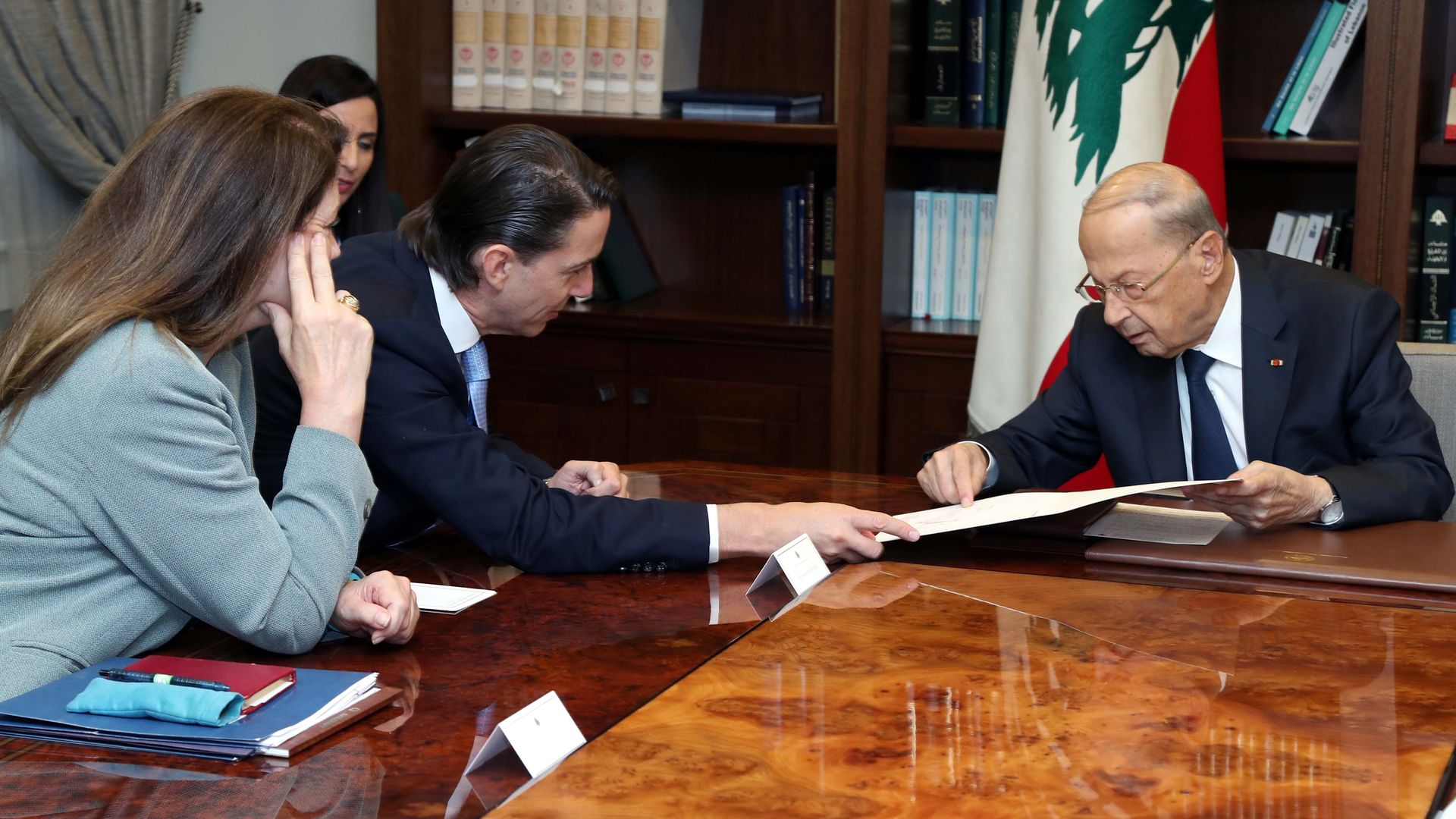 U.S. special energy envoy Amos Hochstein (L) and Lebanese President Michel Aoun during a in Beirut on June 14.