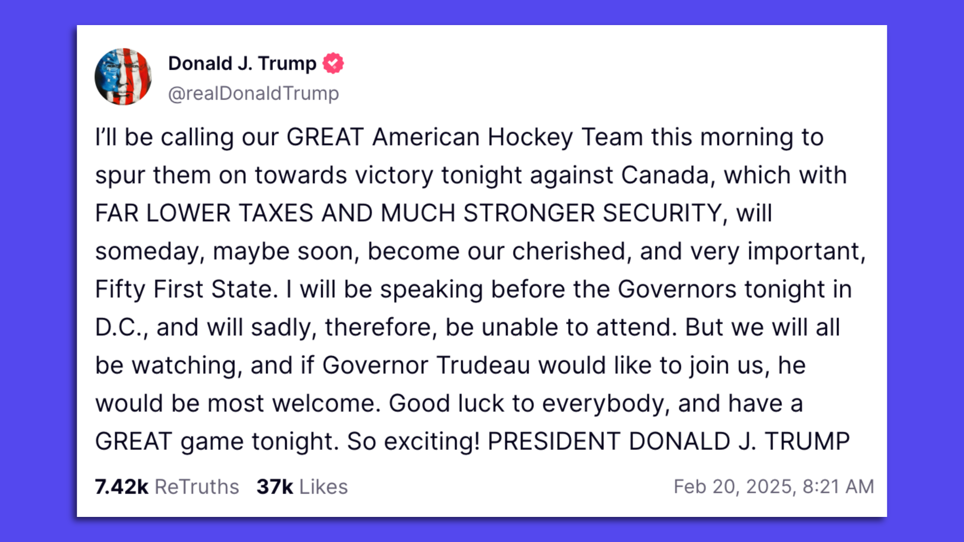 Trump Truth Social post on tonight's hockey game