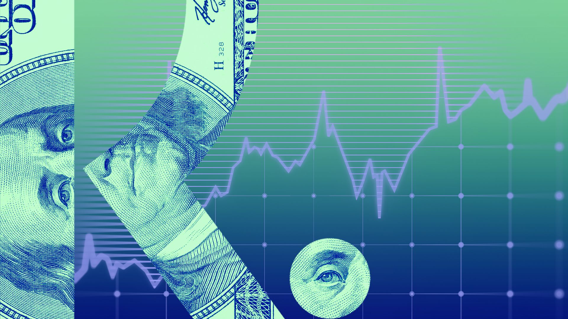 Illustration of the Klarna logo with a hundred dollar bill overlay and stock chart assets behind it