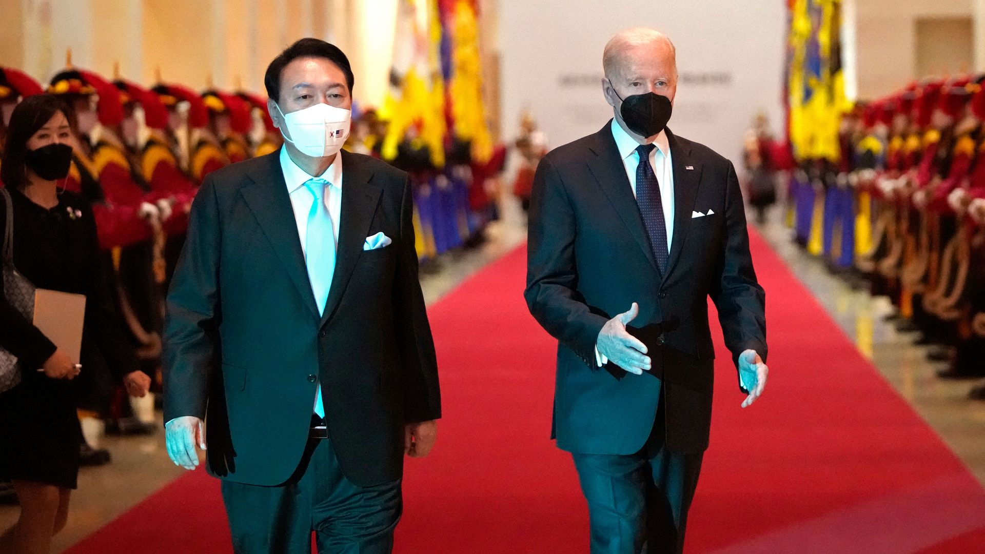 South Korean President Yoon Suk-yeol and President Biden arriving in Seoul on May 21.