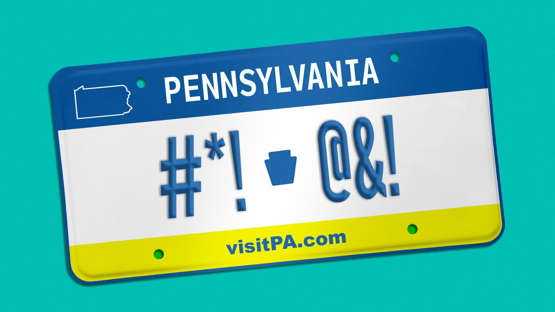 Illustration of a Pennsylvania vanity license plate with symbols implying a swear word.