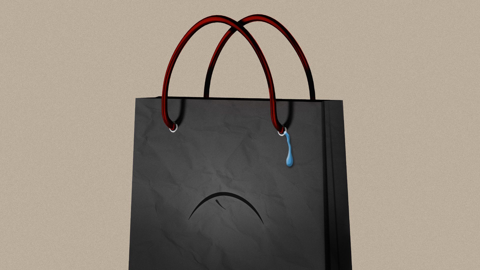 Illustration of a black shopping bag with a sad face and a single tear 