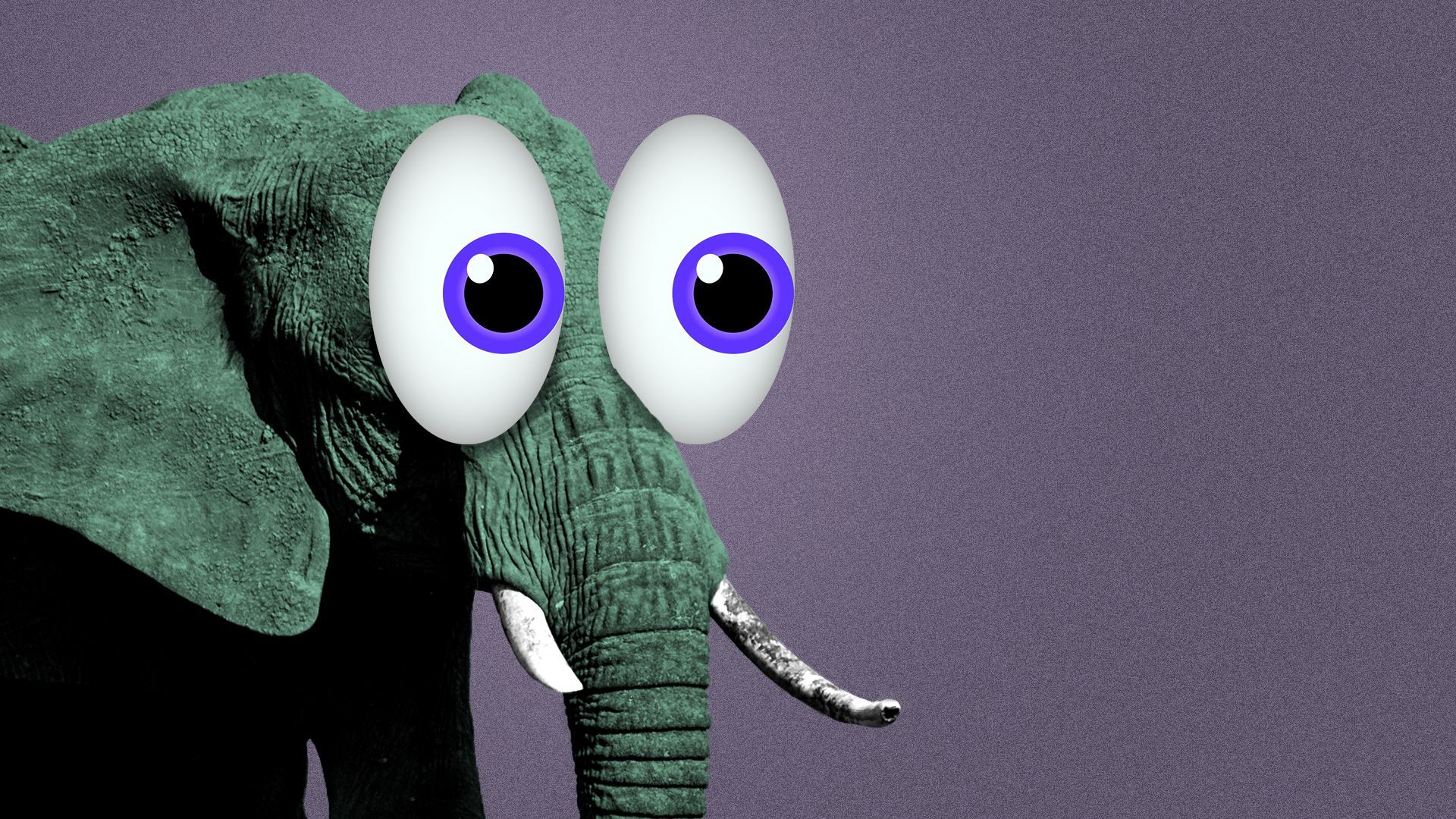 Illustration of an elephant with an eyes emoji with purple irises.