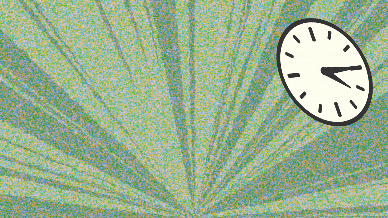 Animated illustration of clocks running backward and moving away from the reader against a streaky green background.