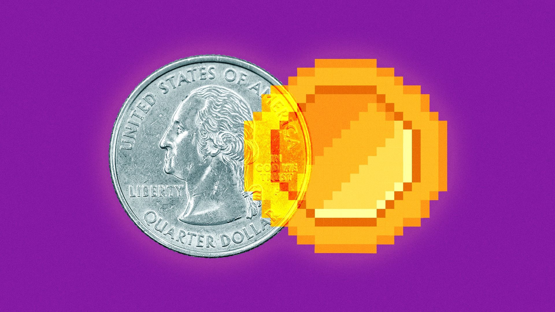 Illustration of a Venn diagram made of a quarter and a pixelated coin.
