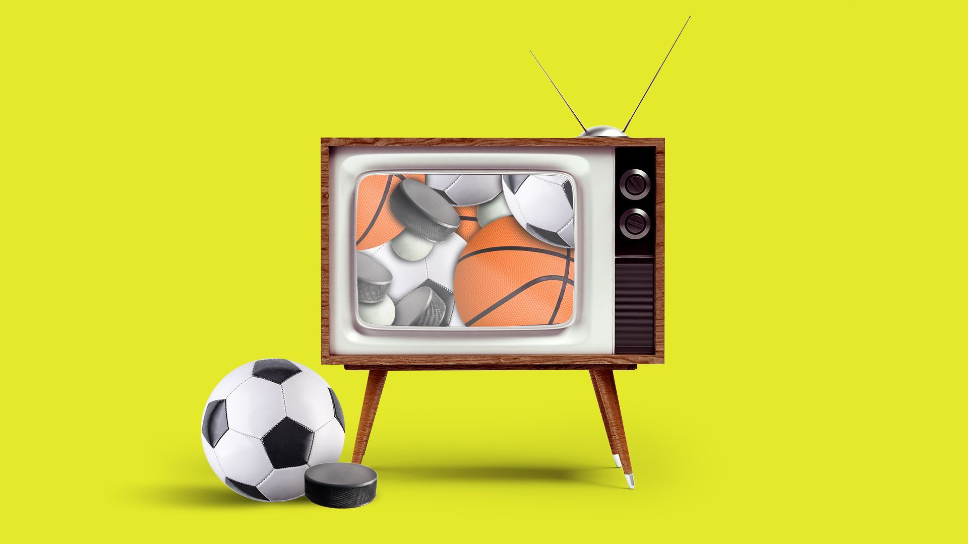 Illustration of a television with soccer balls, basketballs, hockey pucks and lacrosse balls jammed inside. 