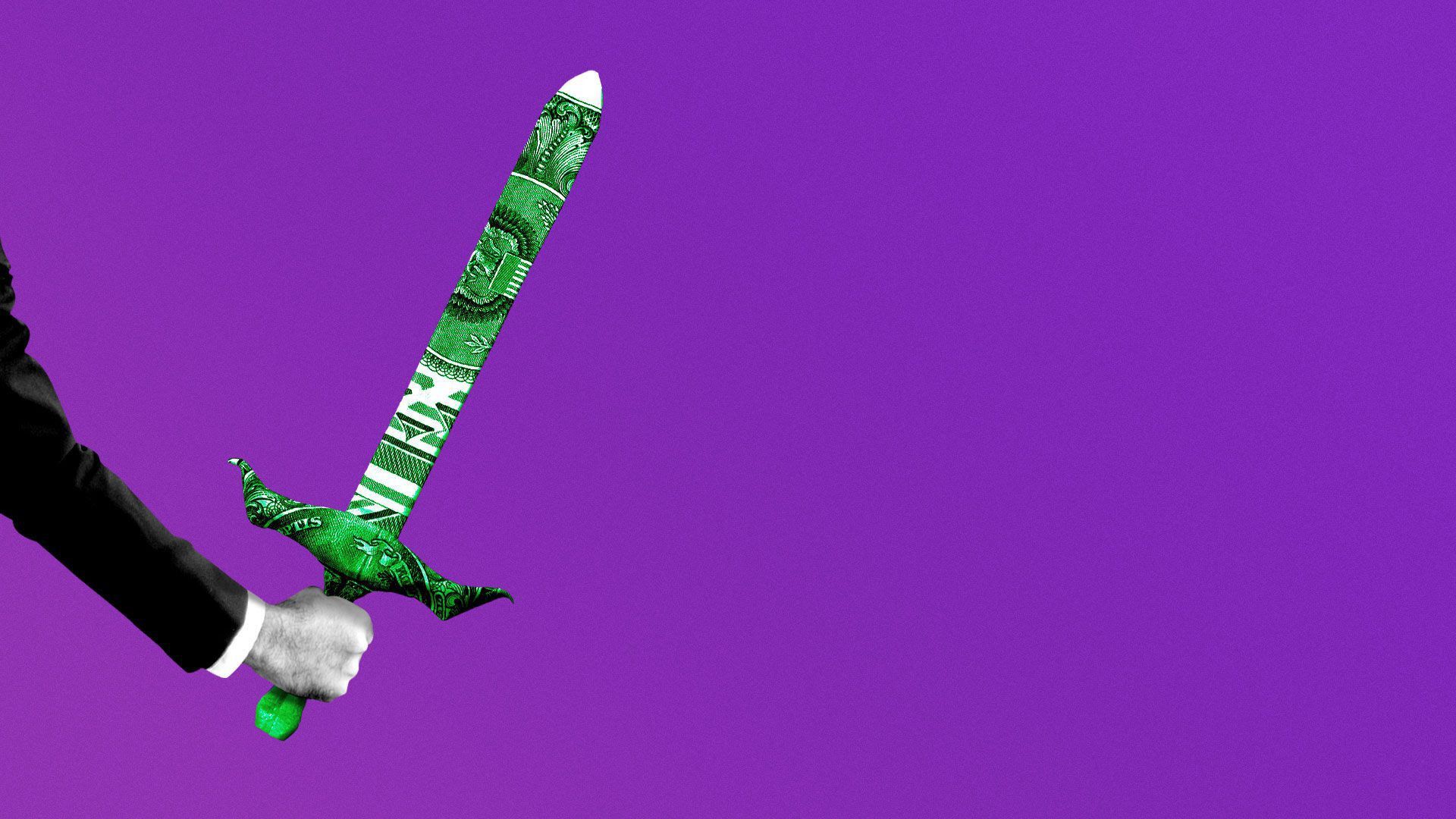 Illustration of a man wearing a suit holding a sword made out of money