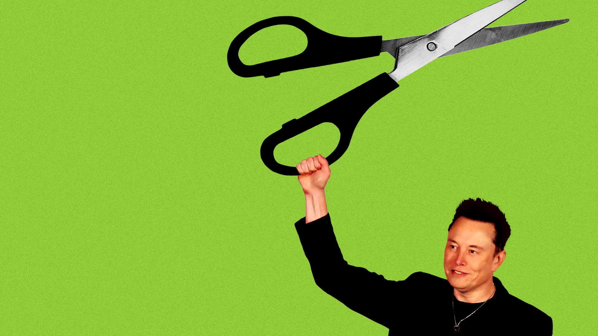 Photo illustration of Elon Musk holding a giant pair of scissors above his head