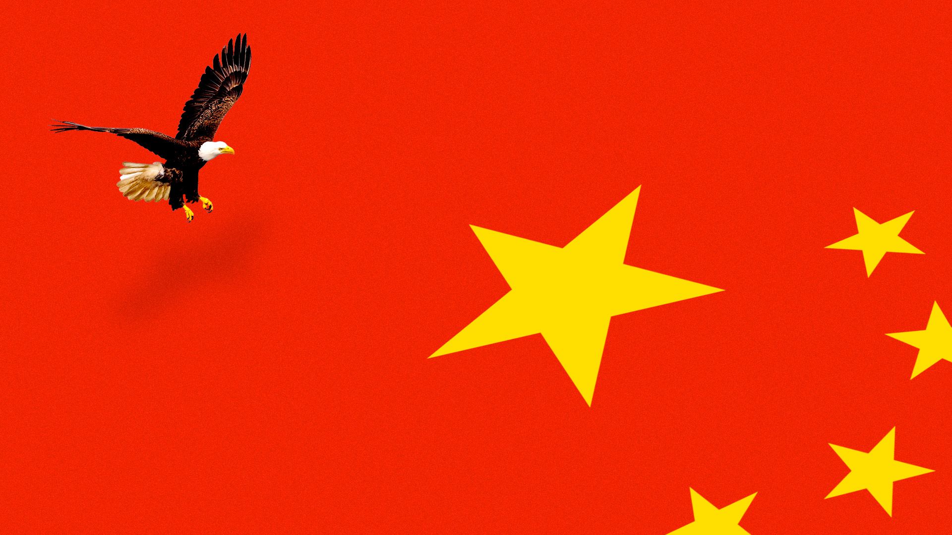 In this illustration, an American eagle flies over the Chinese flag