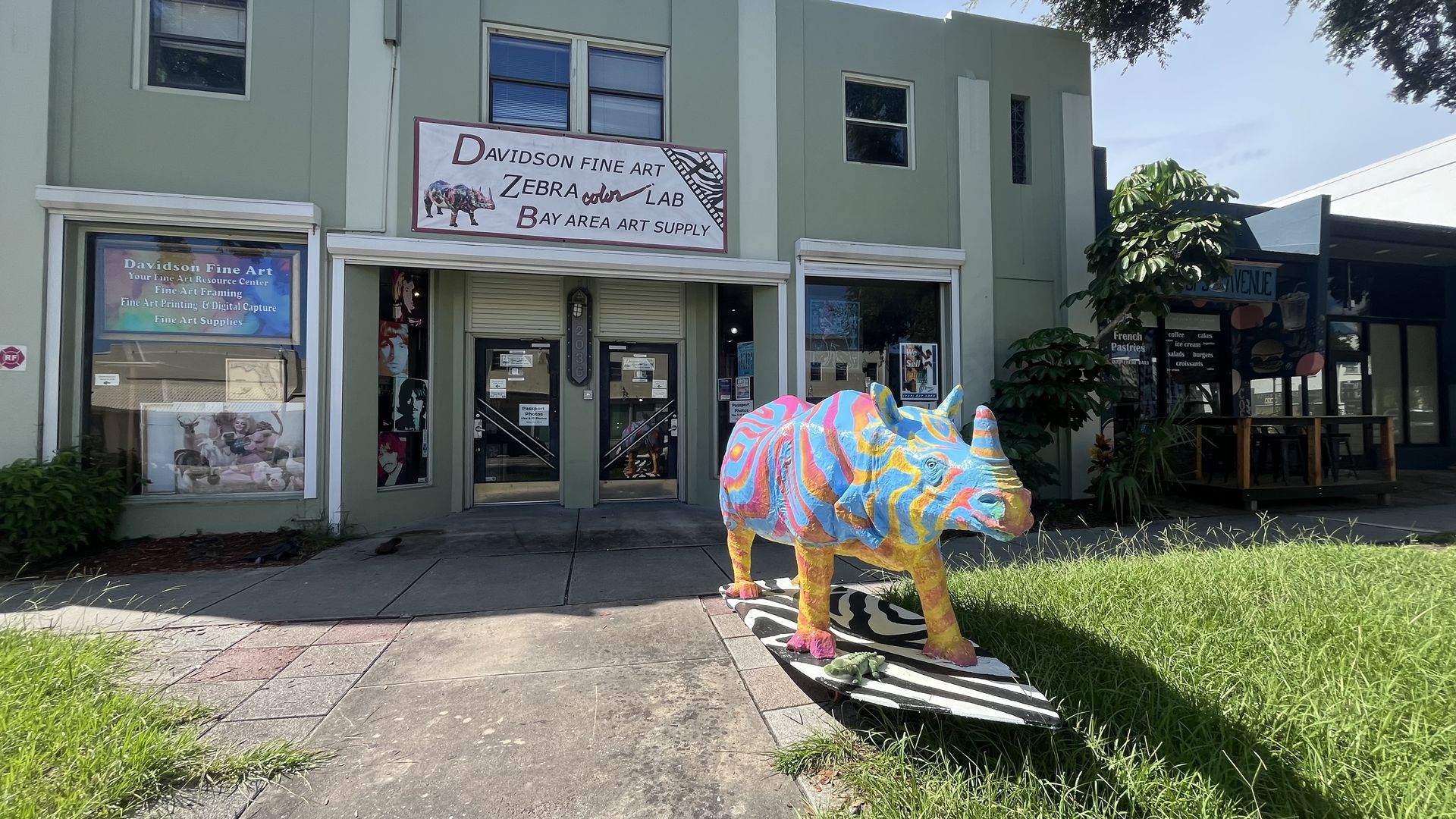 Green, two-story art storefront with large windows and banners for Davidson Fine Art and Zebra Color Lab. A rainbow rhinoceros sculpture sits on a zebra-striped pedestal on the sidewalk, with trees nearby.