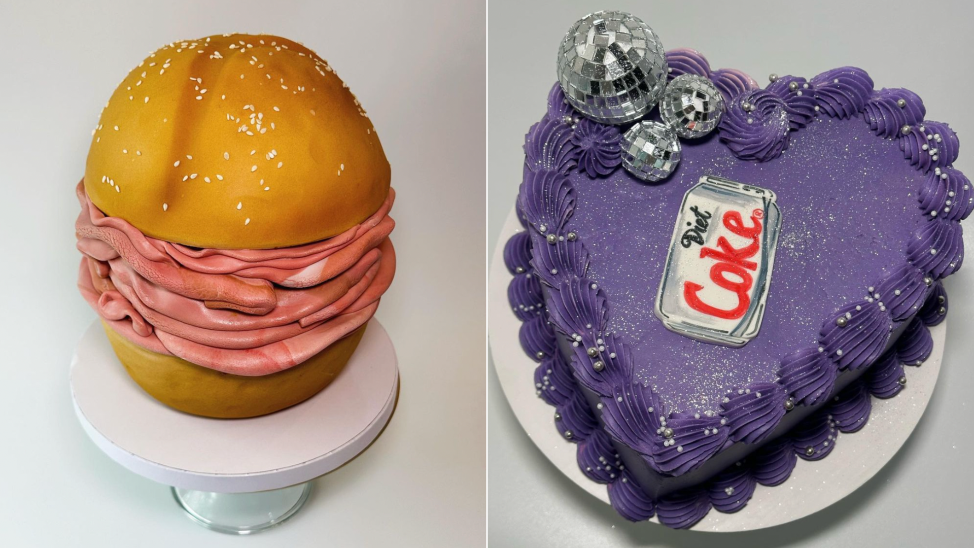 An arby's roast beef sandwich cake (left) and a purple heart diet coke cake with disco balls (right)