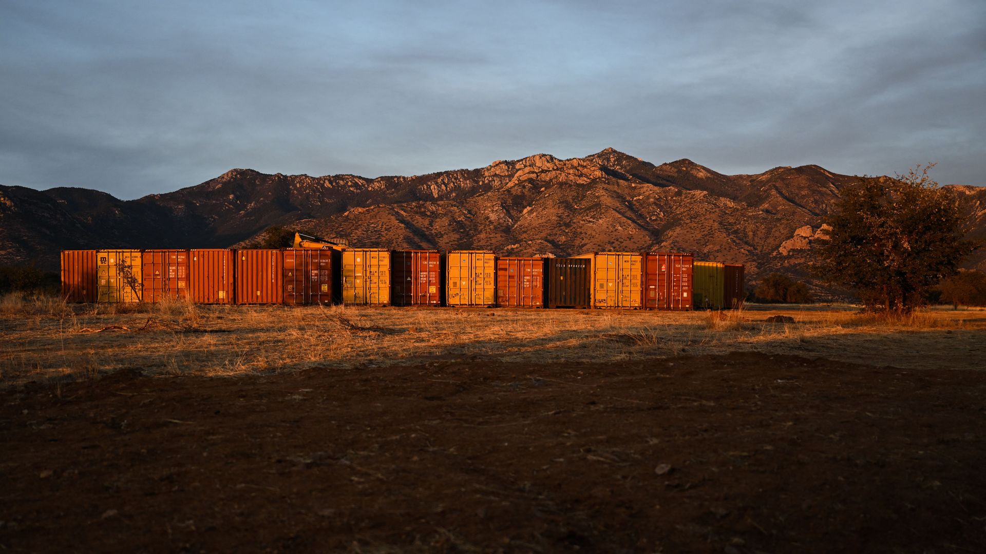 Shipping containers used for a border wall along the US-Mexico border in the Coronado National Forest near Hereford, Arizona on December 20, 2022