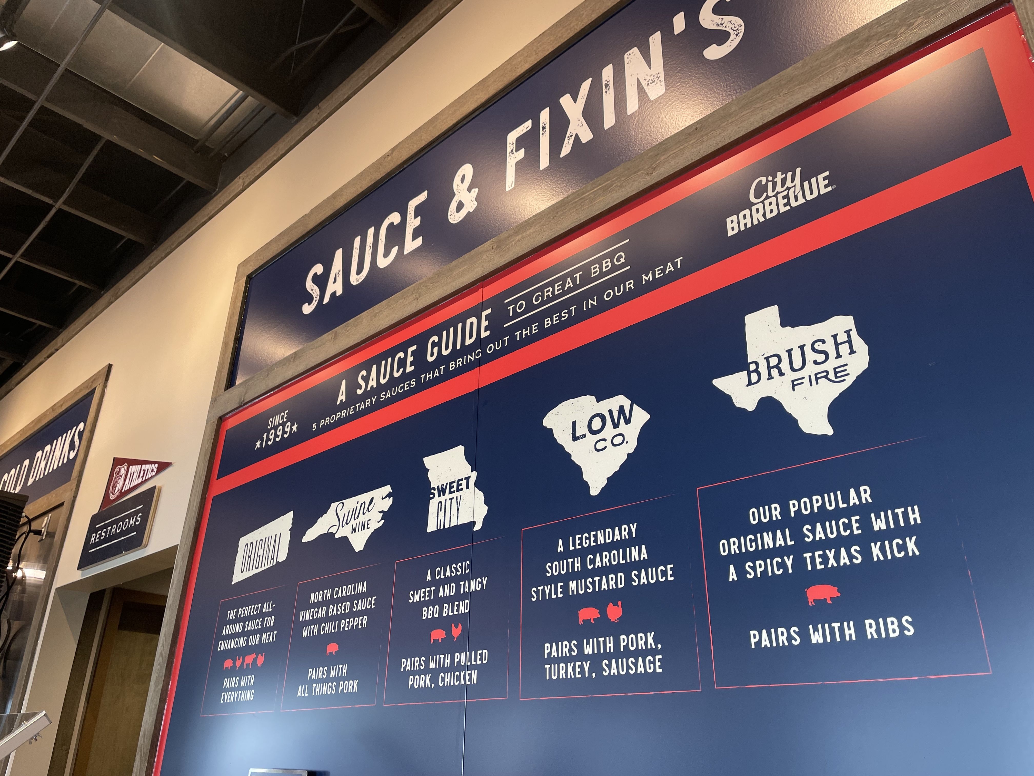 City Barbecue sauce guide with five sauces: Original, Swine Wine, Sweet City, Low Co., Brush Fire, describing flavors and meat pairings like pork, chicken, ribs, turkey, and sausage.