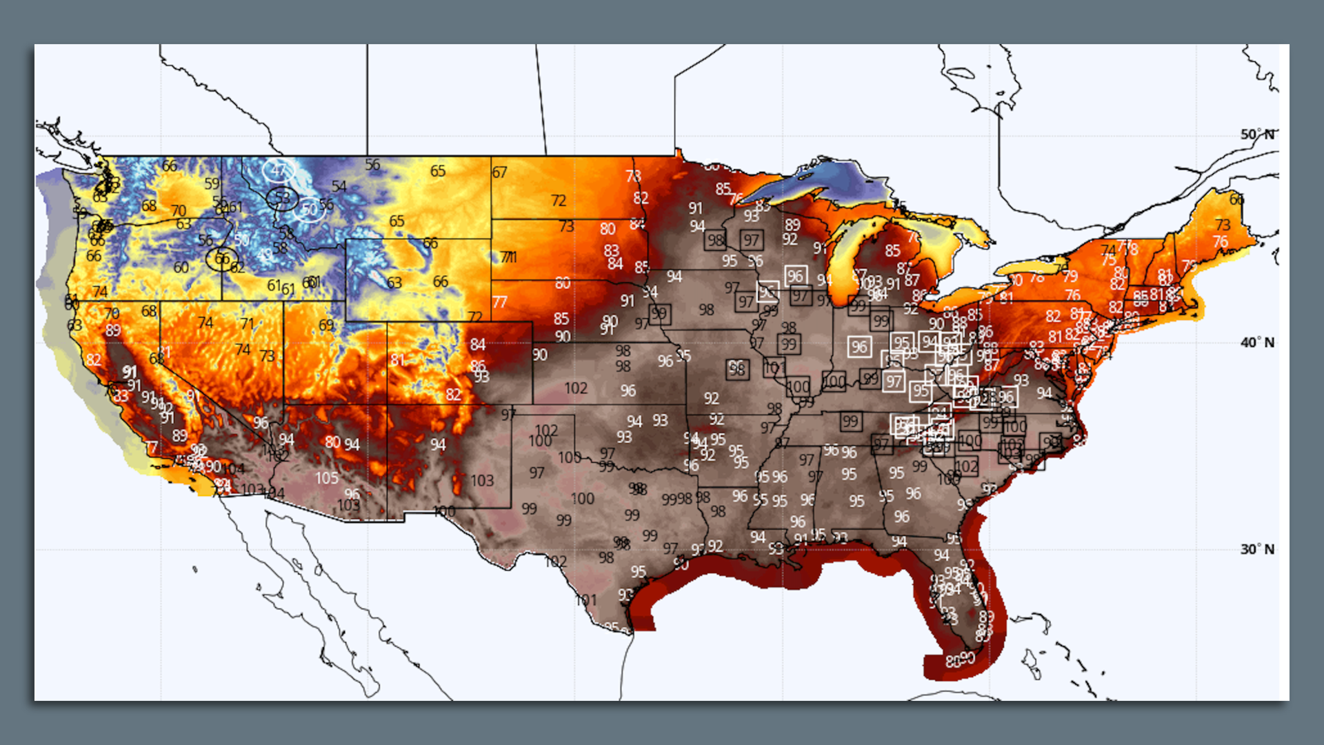 Forecast map for high temperatures on Tuesday June 14, 2022.