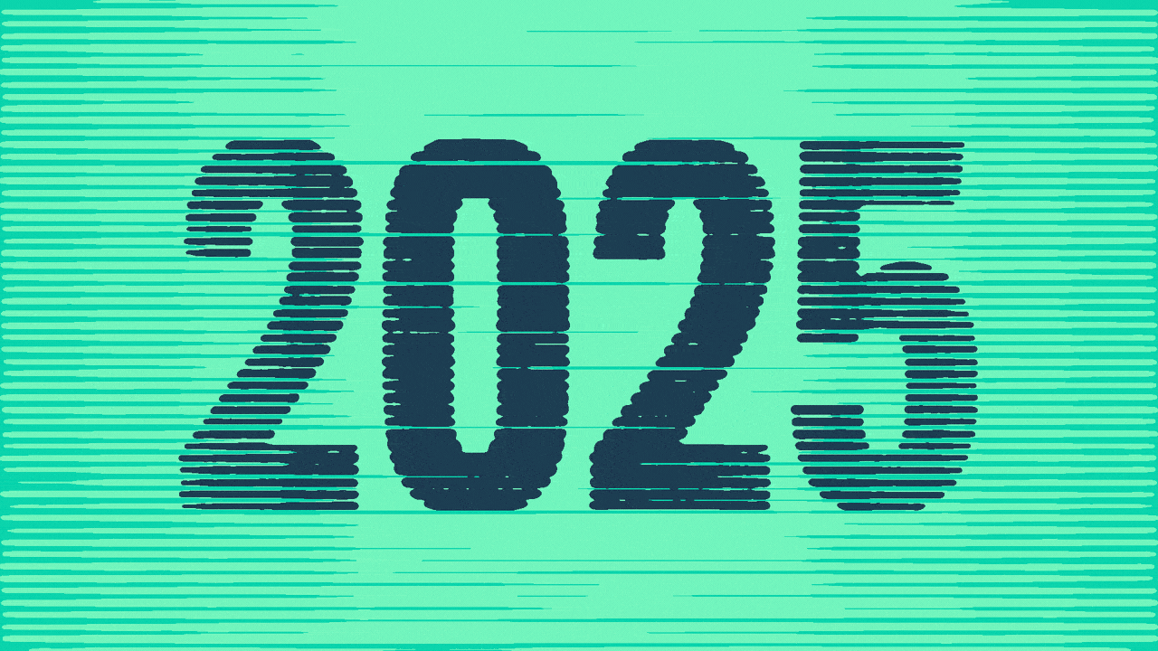 Animated illustration of moving lines making up the year 2025 falling away to reveal moving lines making up a chart.