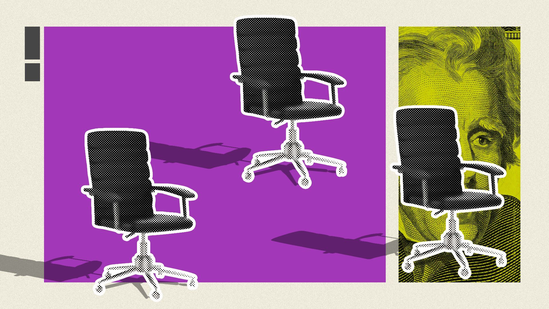 Illustration of office chairs and a twenty dollar bill.