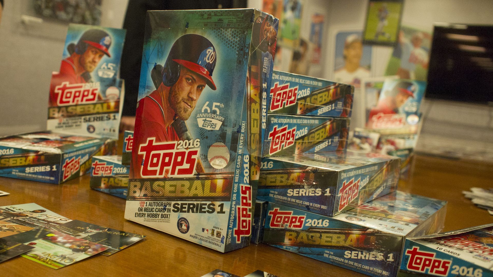 Topps baseball cards on display at the company's office.