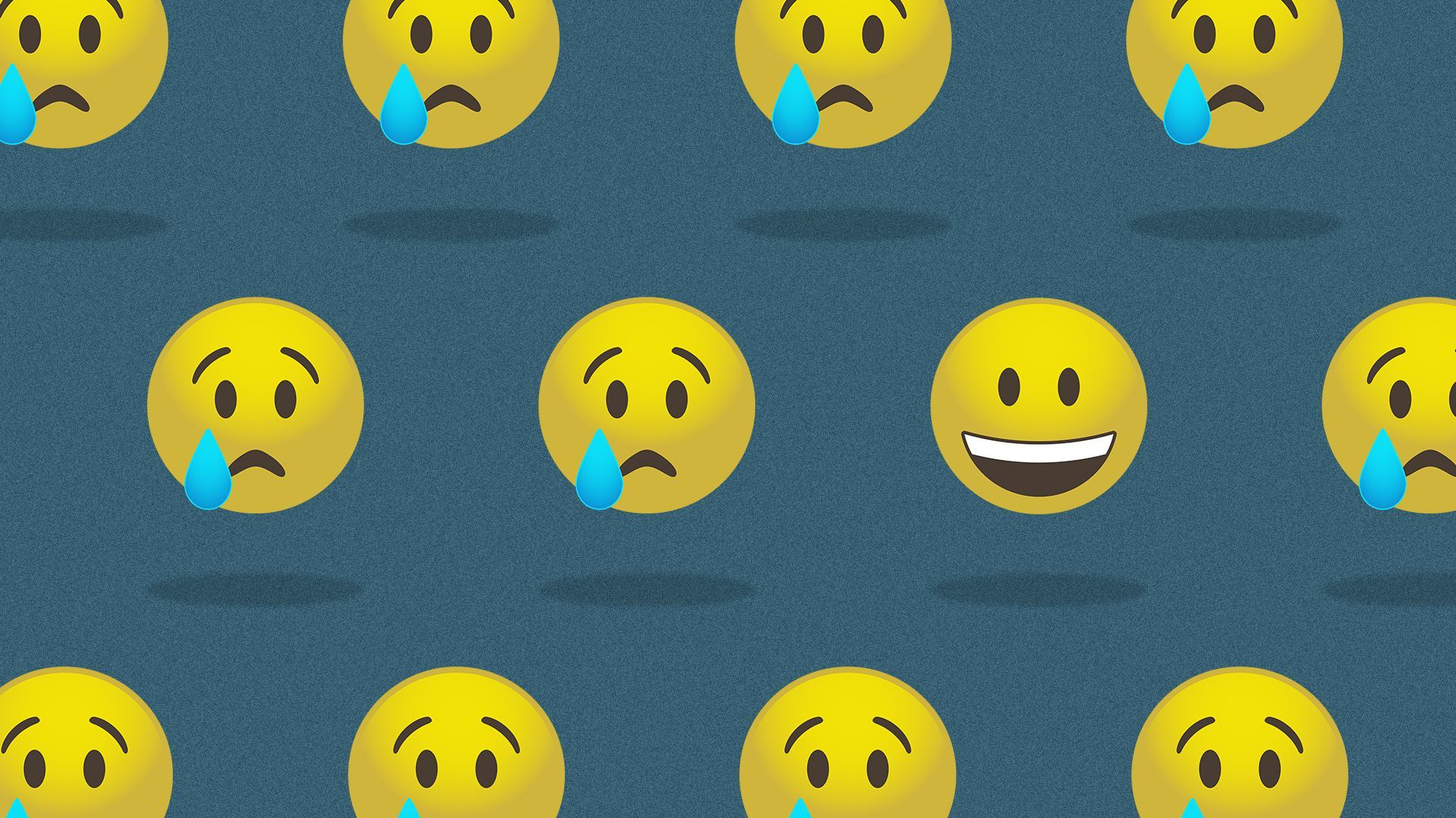 Illustration of a pattern of emojis, all of them crying, except one, which is smiling.