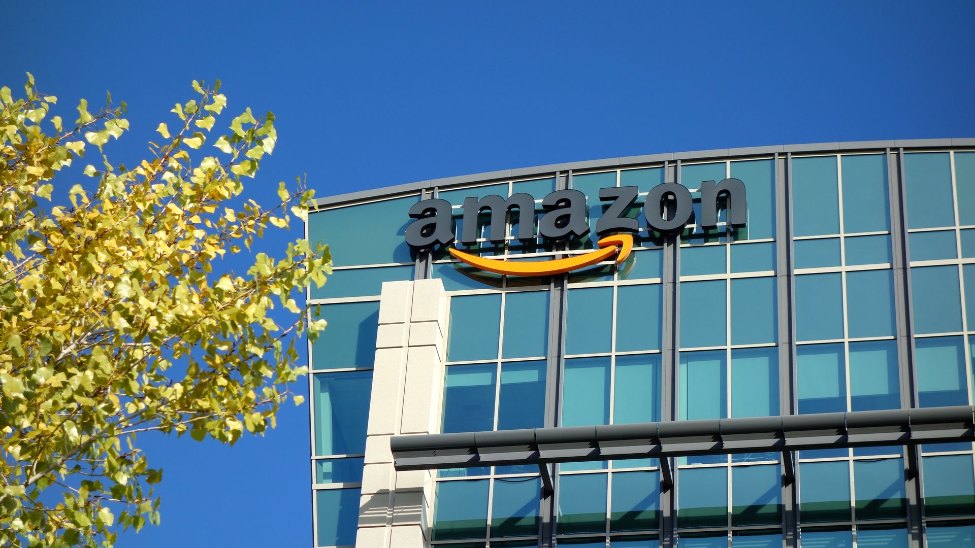 Amazon office building with logo on front. 