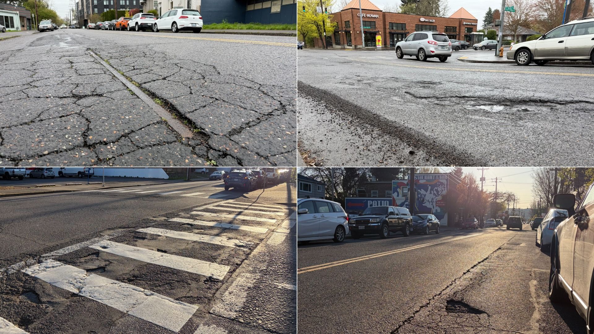 Collage of four urban streets showing cracked asphalt and potholes. Top left: long central crack; top right: pothole edge by shops; bottom left: weathered crosswalk; bottom right: cars parked along a cracked road at sunset.