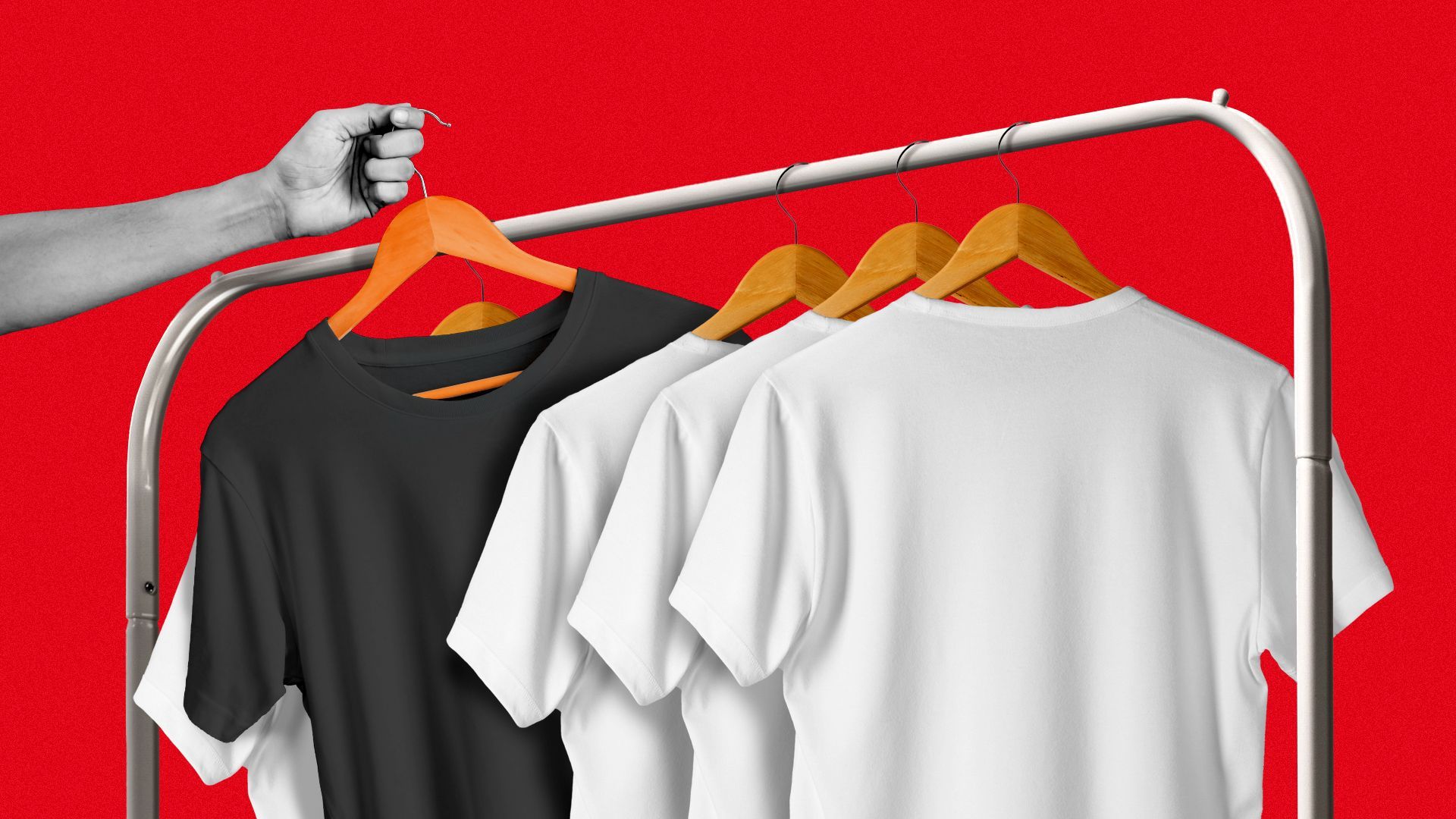 Illustration of a hand removing a black t-shirt from a rack of white shirts