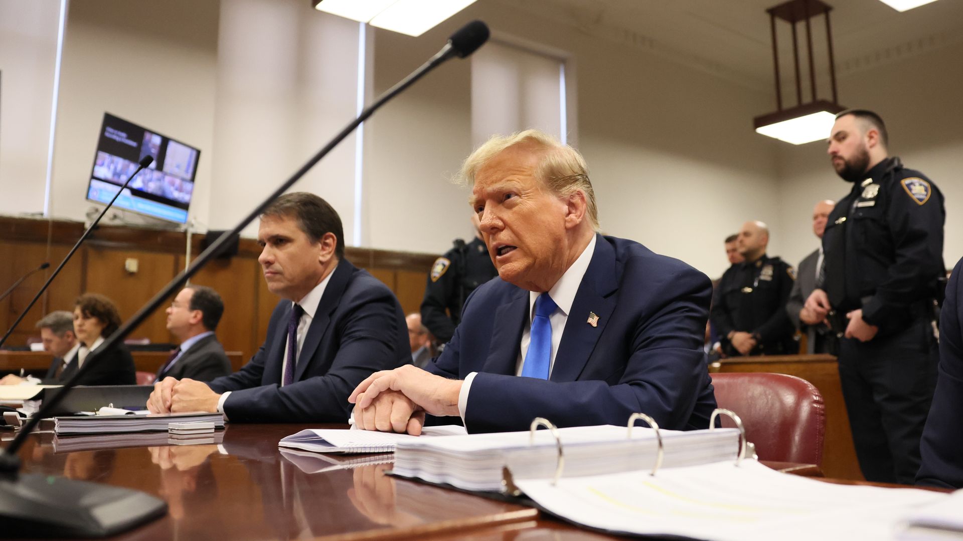  Former U.S. President Donald Trump and his attorney Todd Blanche attend his criminal trial as jury selection continues at Manhattan Criminal Court on April 18, 2024 in New York City
