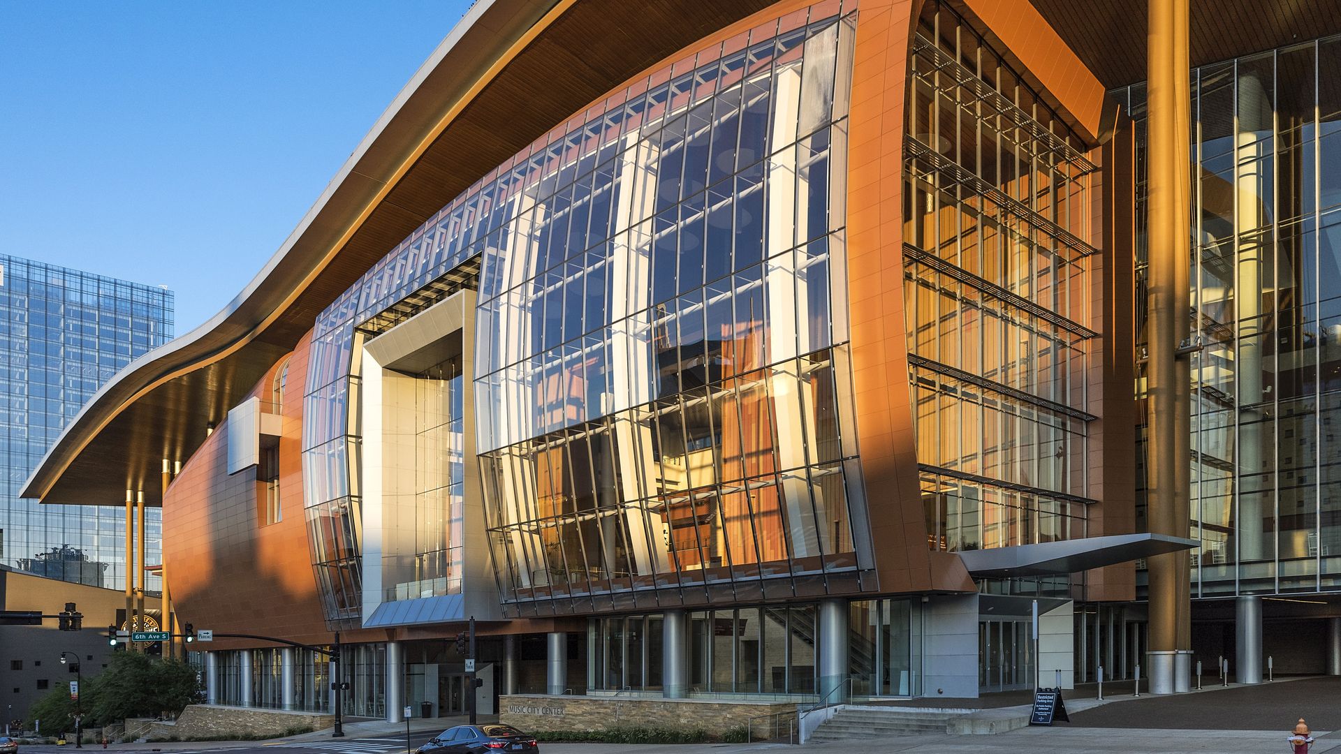 The exterior of the Music City Center convention hall