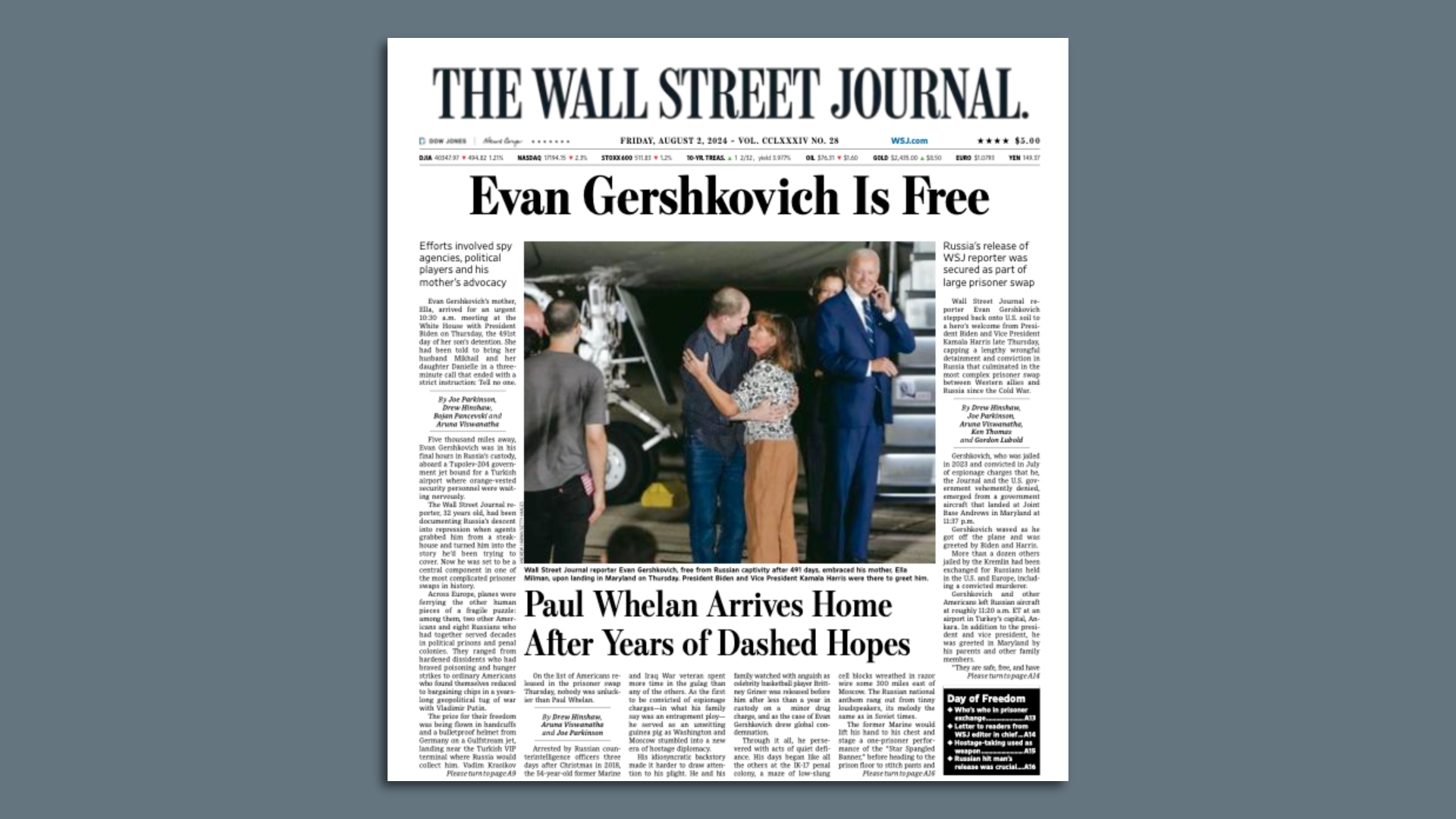 The Wall Street Journal's front page for Aug. 2, the day after the historic release of Wall Street Journal reporter Evan Gershkovich. Cover: The Wall Street Journal