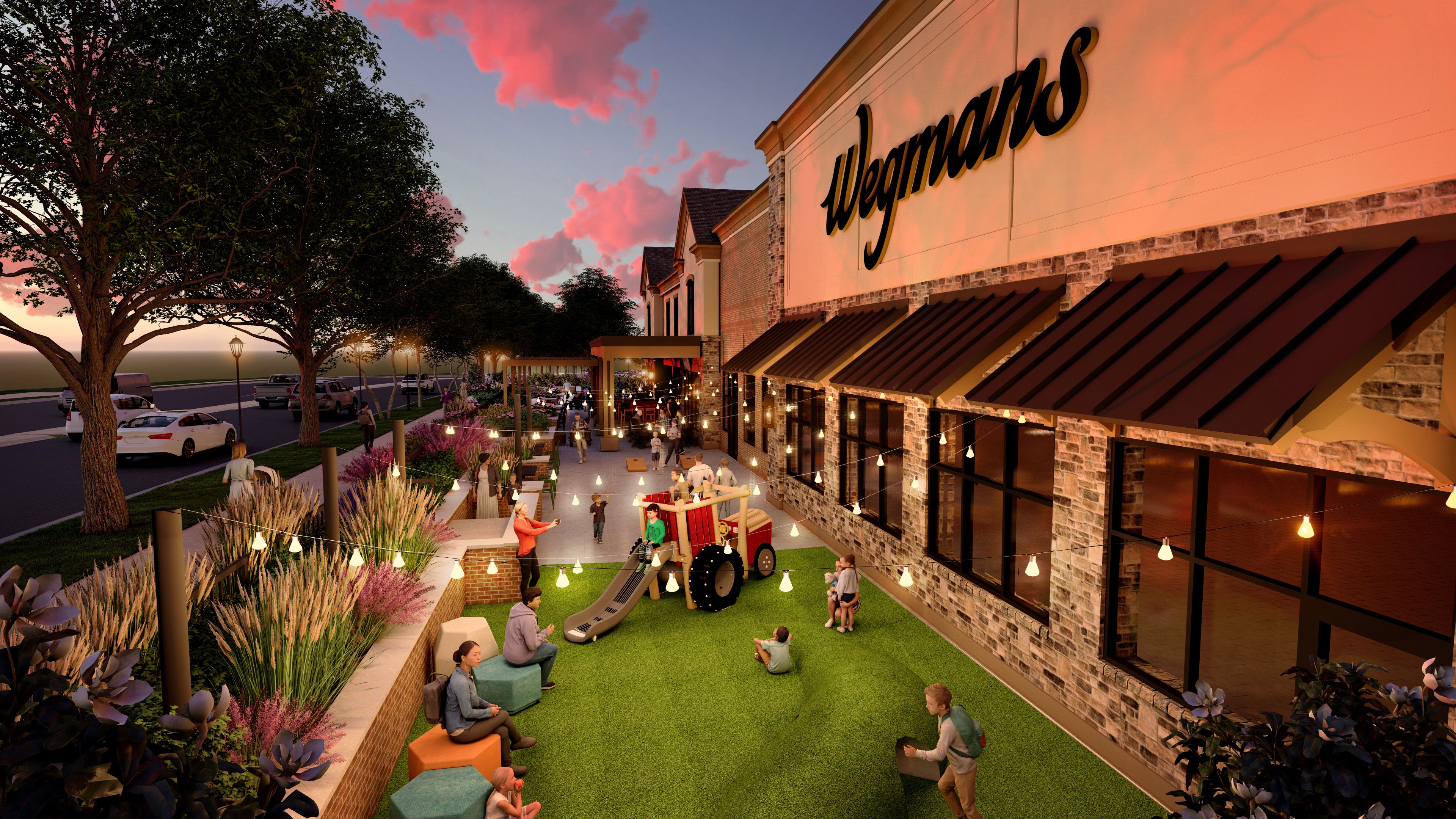 Evening scene outside Wegmans store showing a play area with a toy vehicle and slide, children playing, adults sitting and walking, string lights, trees, and parked cars along the street.