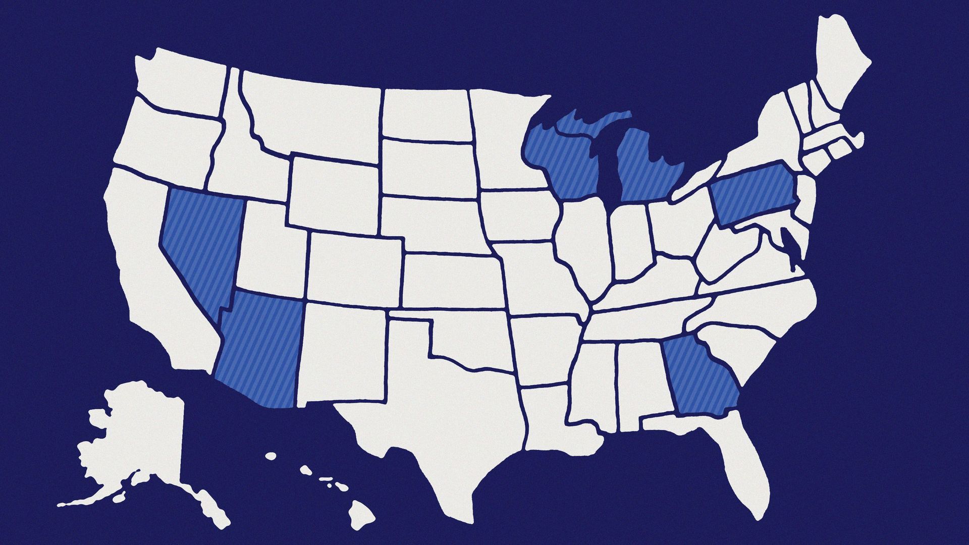 Illustration of the US map with Arizona, Georgia, Michigan, Pennsylvania, Wisconsin and Nevada highlighted in blue.