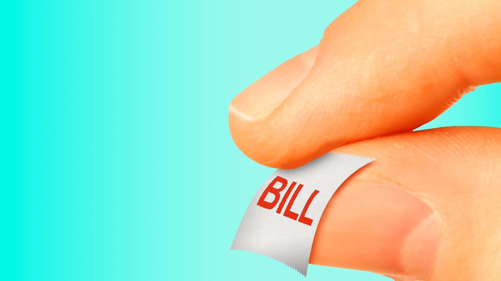 Illustration of a close up of hands pinching a very tiny bill. 