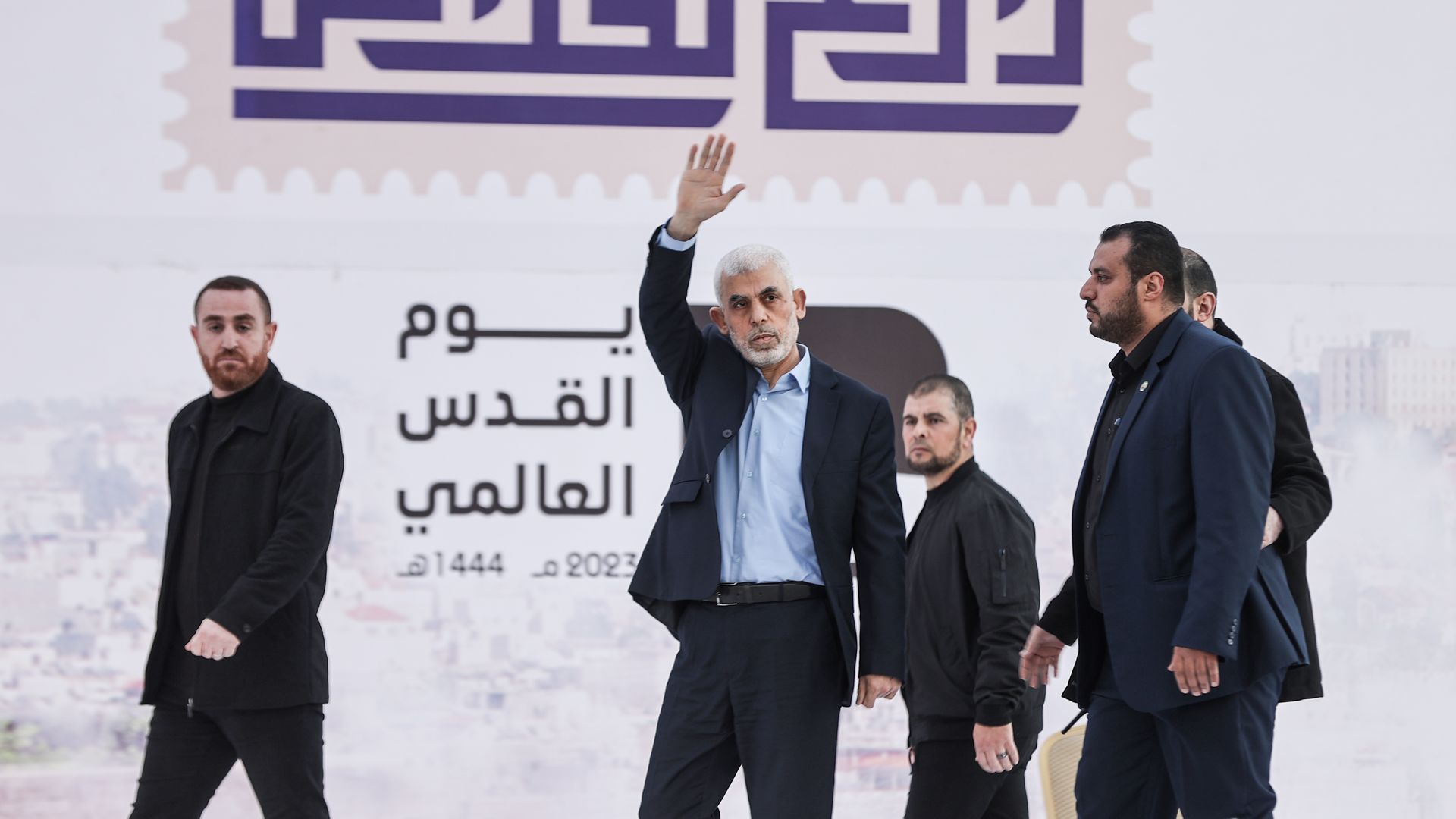 Hamas leader in Gaza Yahya al-Sinwar (C) attends the rally marking Al-Quds (Jerusalem) Day in Gaza City, Gaza on April 14, 2023