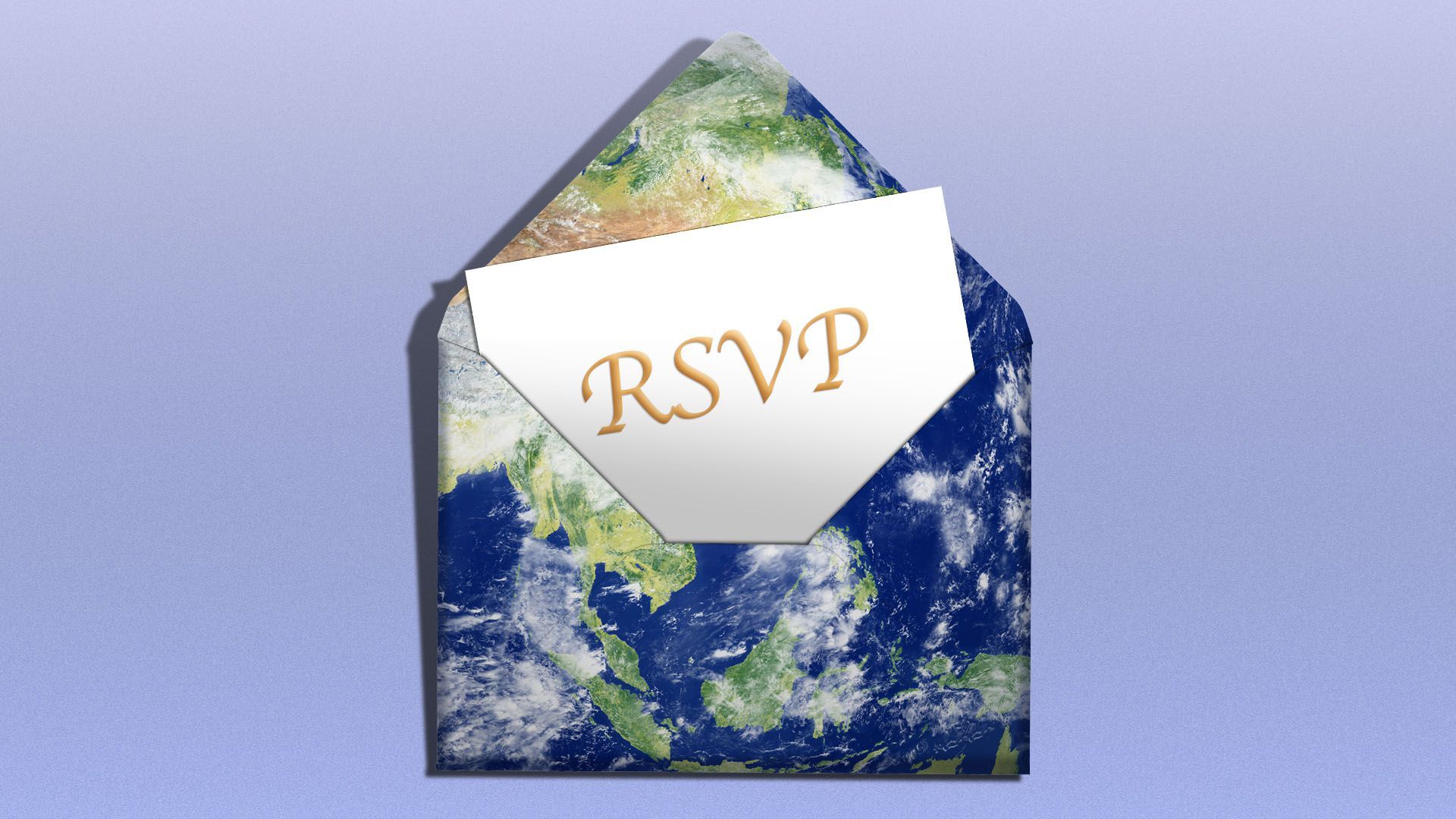 Illustration of the earth shaped like an envelope with an RSVP card sticking out