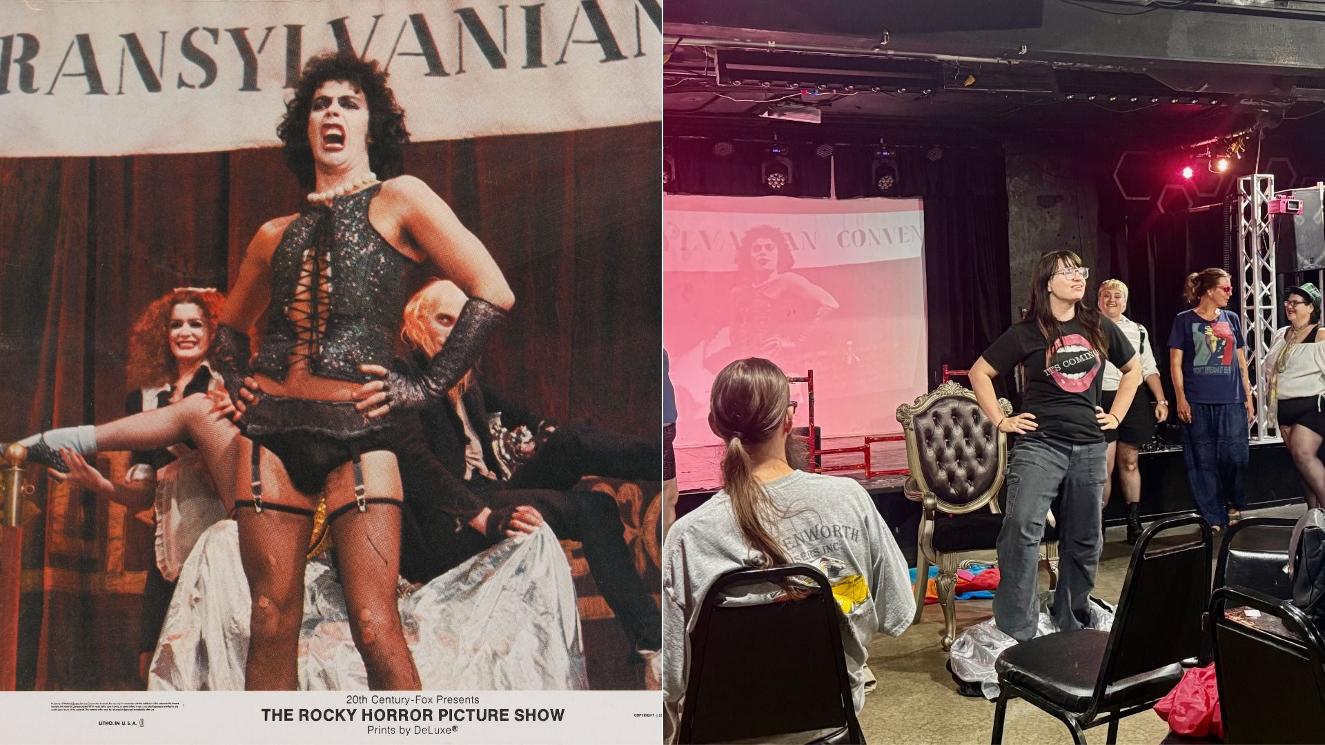 Split image from The Rocky Horror Picture Show: left shows a performer in a glittery black corset yelling on stage under a Transylvania banner; right shows a rehearsal room with people on stage and lighting gear.
