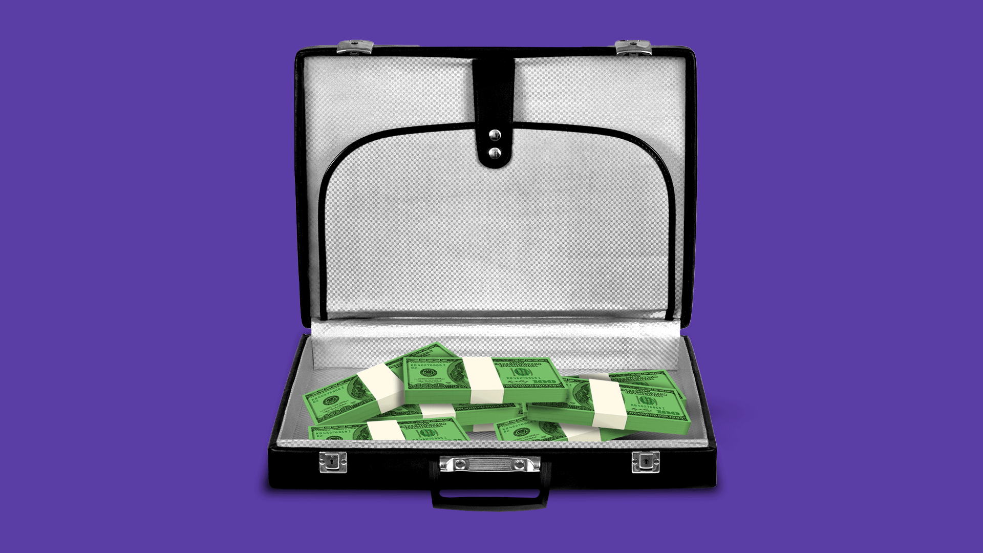 Animated illustration of money straps in a briefcase disappearing one by one. 