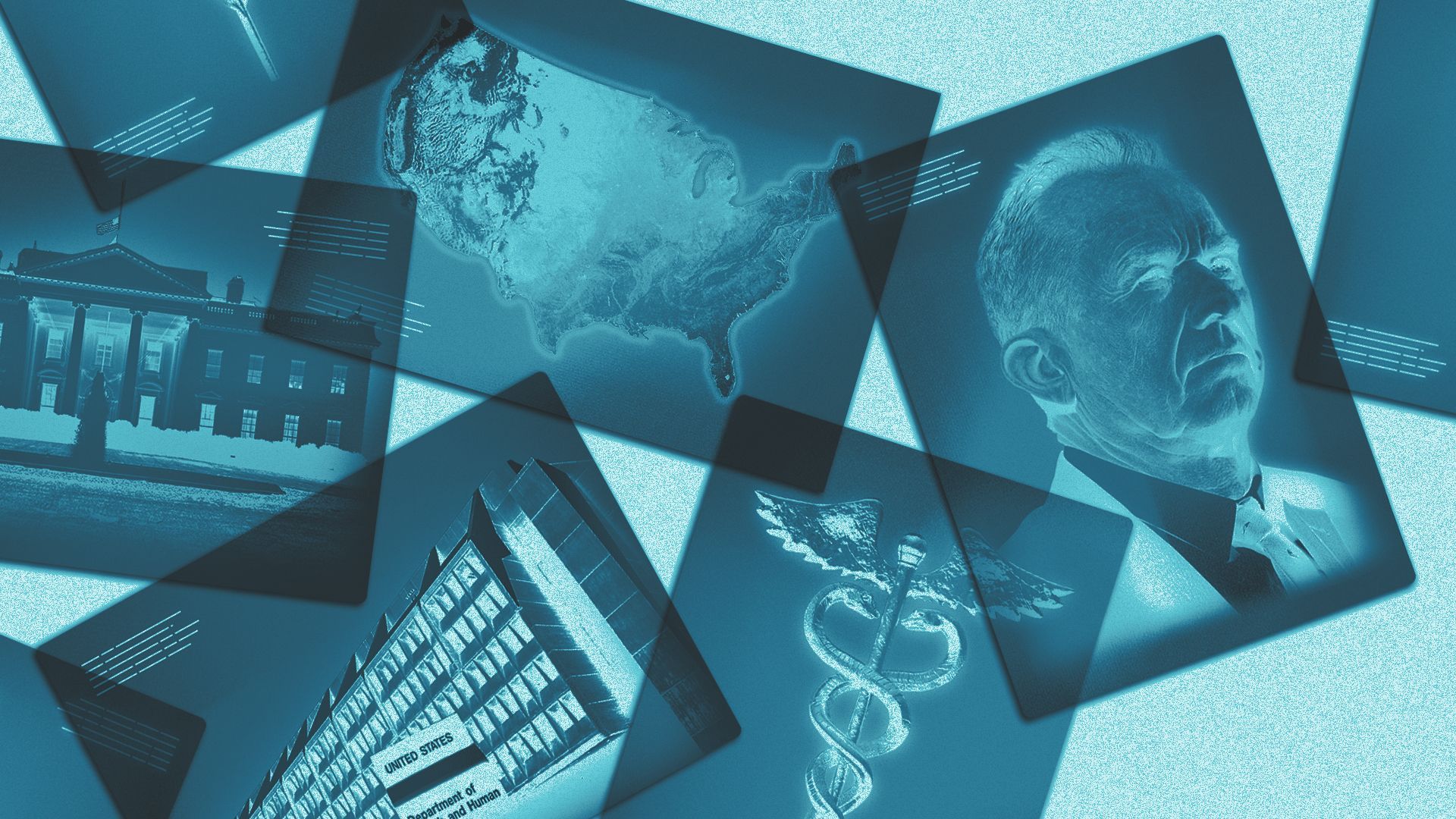 Photo illustration of scattered x-ray negatives, featuring inverted photos of Robert F. Kennedy Jr., a caduceus, the continental U.S., the White House, and the Hubert H. Humphrey Federal Building.