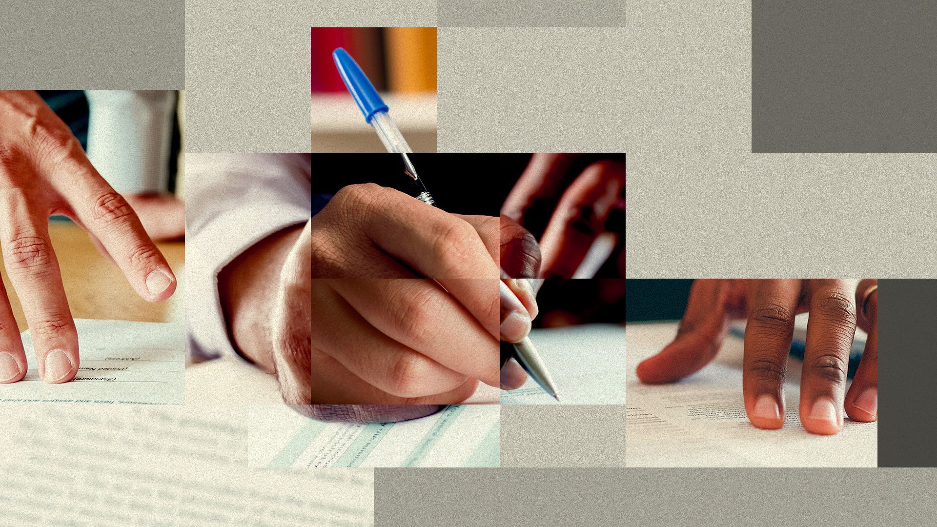 Illustration of a hand writing composed of many different combined images of hands of different races and genders.