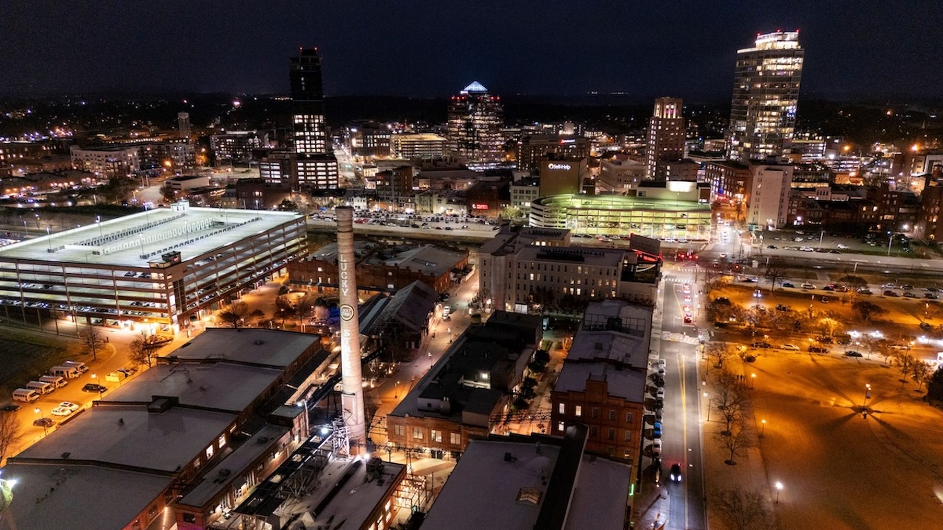 DURHAM, NORTH CAROLINA - JANUARY 31: An aerial view of downtown Durham ahead of tomorrow's game between the North Carolina Tar Heels and the Duke Blue Devils on January 31, 2025 in Durham, North Carolina. (Photo by Lance King/Getty Images)