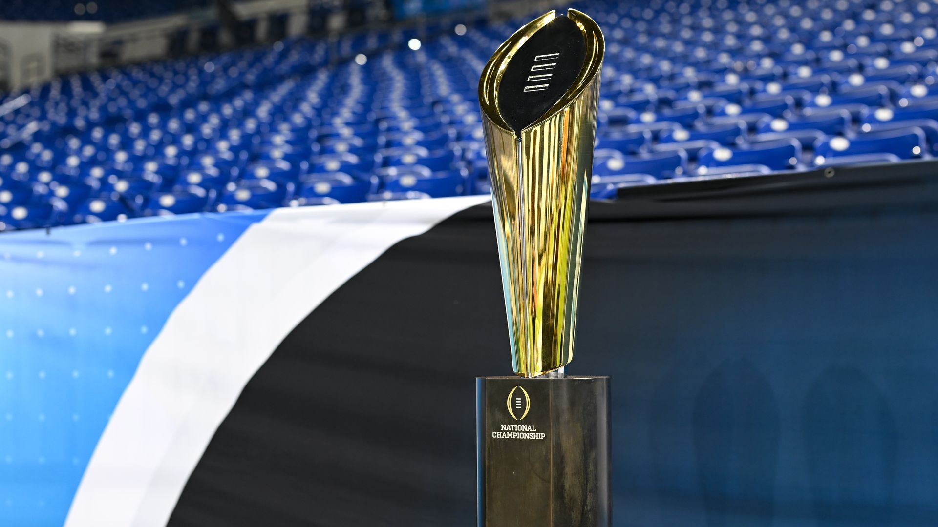 A close-up of the College Football Playoff Championship trophy 