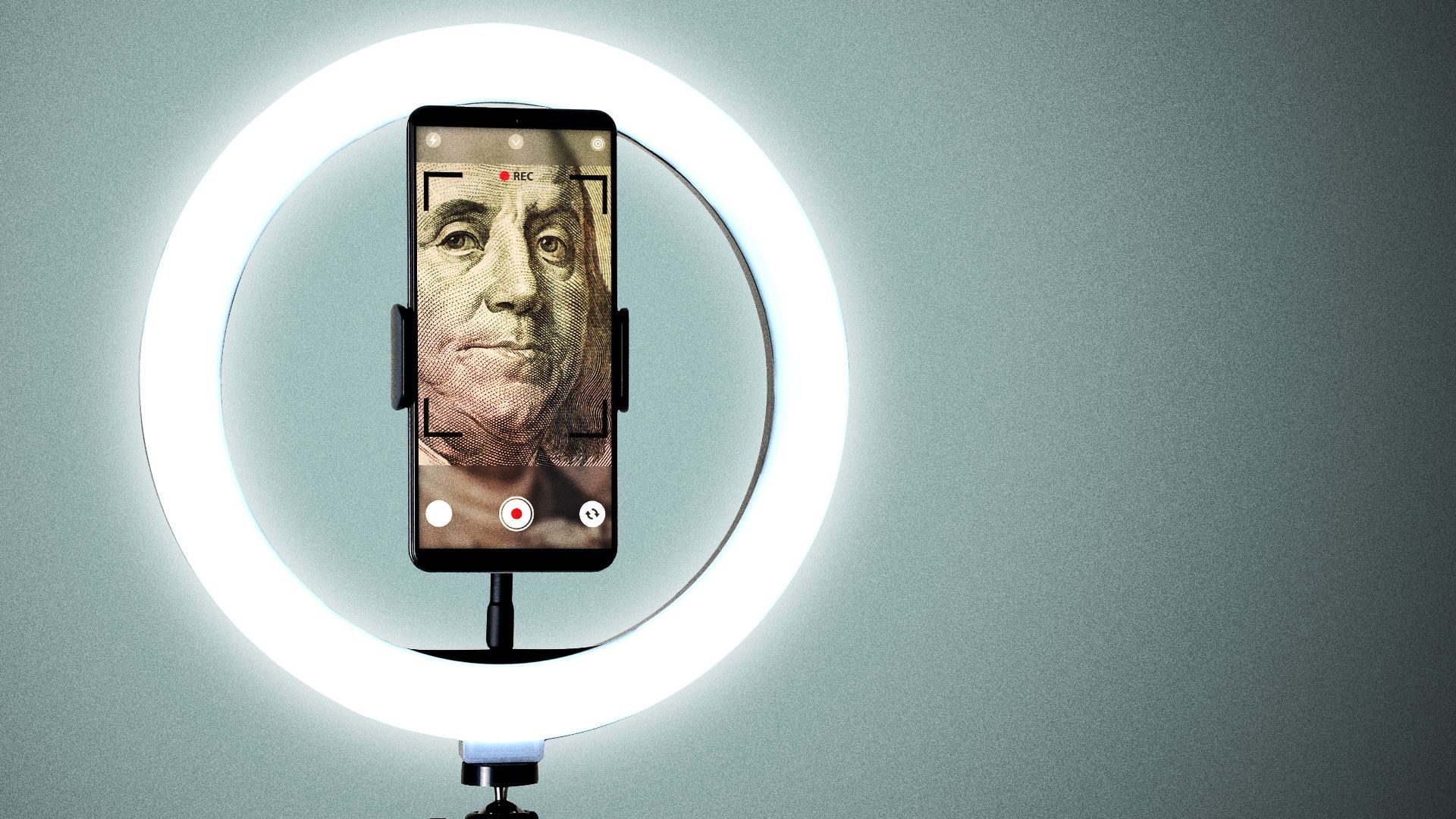 Illustration of Benjamin Franklin shown in the phone at the center of a ring light. 